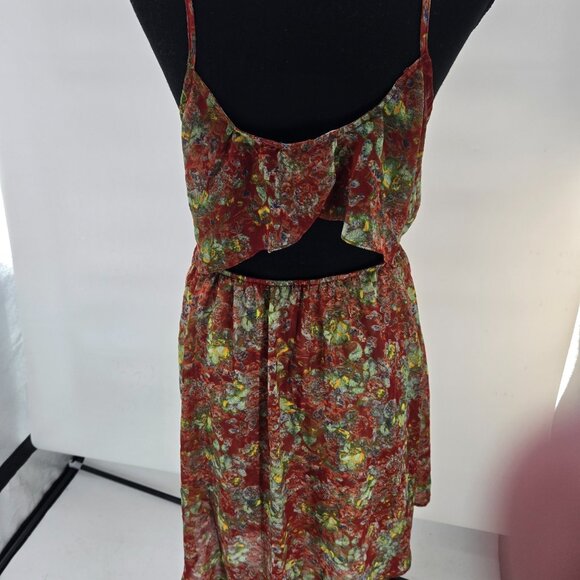Lush Red Floral Scoop Neck Open Back Lined Hi-Lo Dress Large - Picture 2 of 9